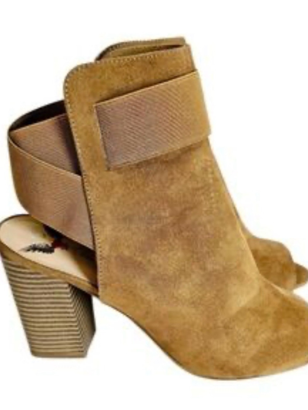 Penny Loves Kenny Tan Suede Peep-Toe Block Heel Booties with Elastic Ankle Strap